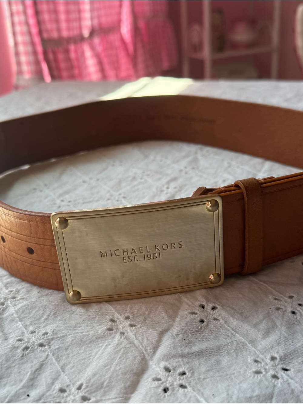 Michael Kors Tan leather Belt with Gold Plaque Buckle